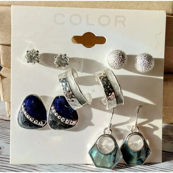 Elegant Set of 5 Earrings – CZ Posts & Abalone Drops - Picture 1 of 5